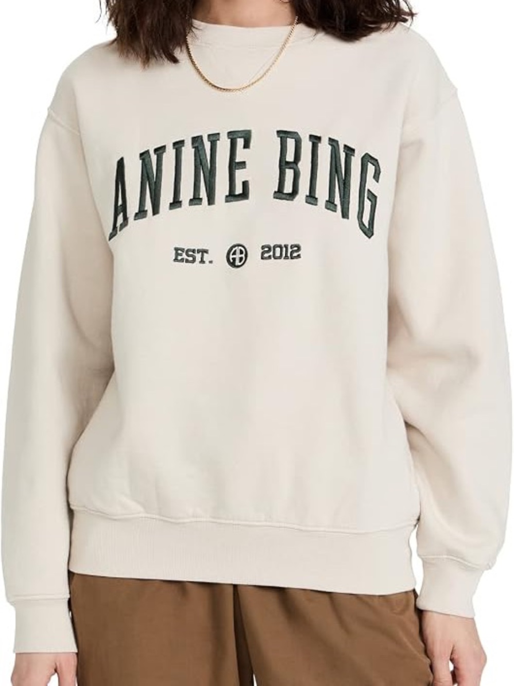 Anine Bing Romona University cream sweatshirt with green embroidery